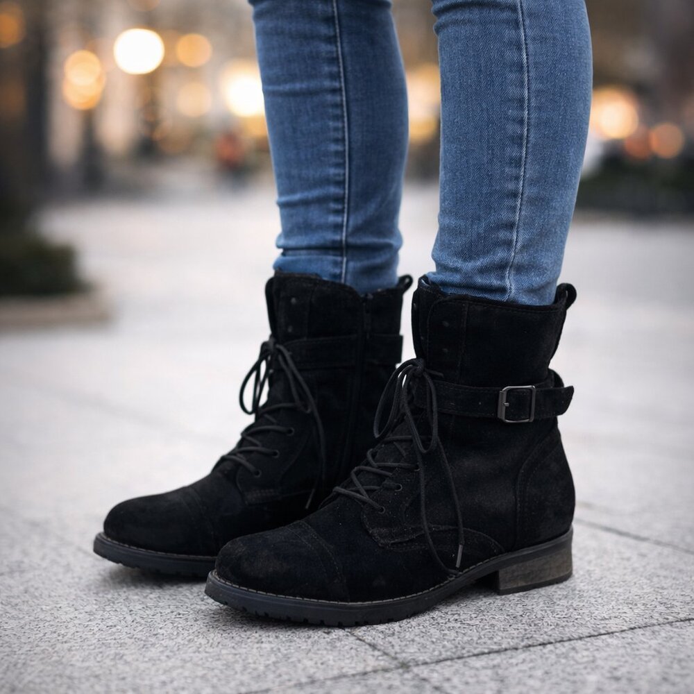 Miz Mooz Women's 8.5 Brandit Black Suede Lace-up Moto Boots
